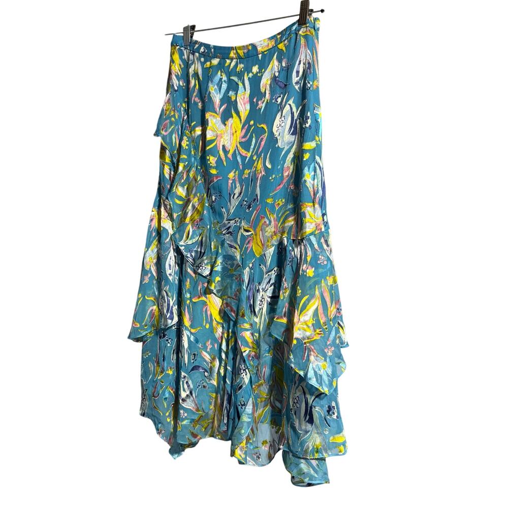 Tanya Taylor Teal Floral Ruffled Mini Skirt